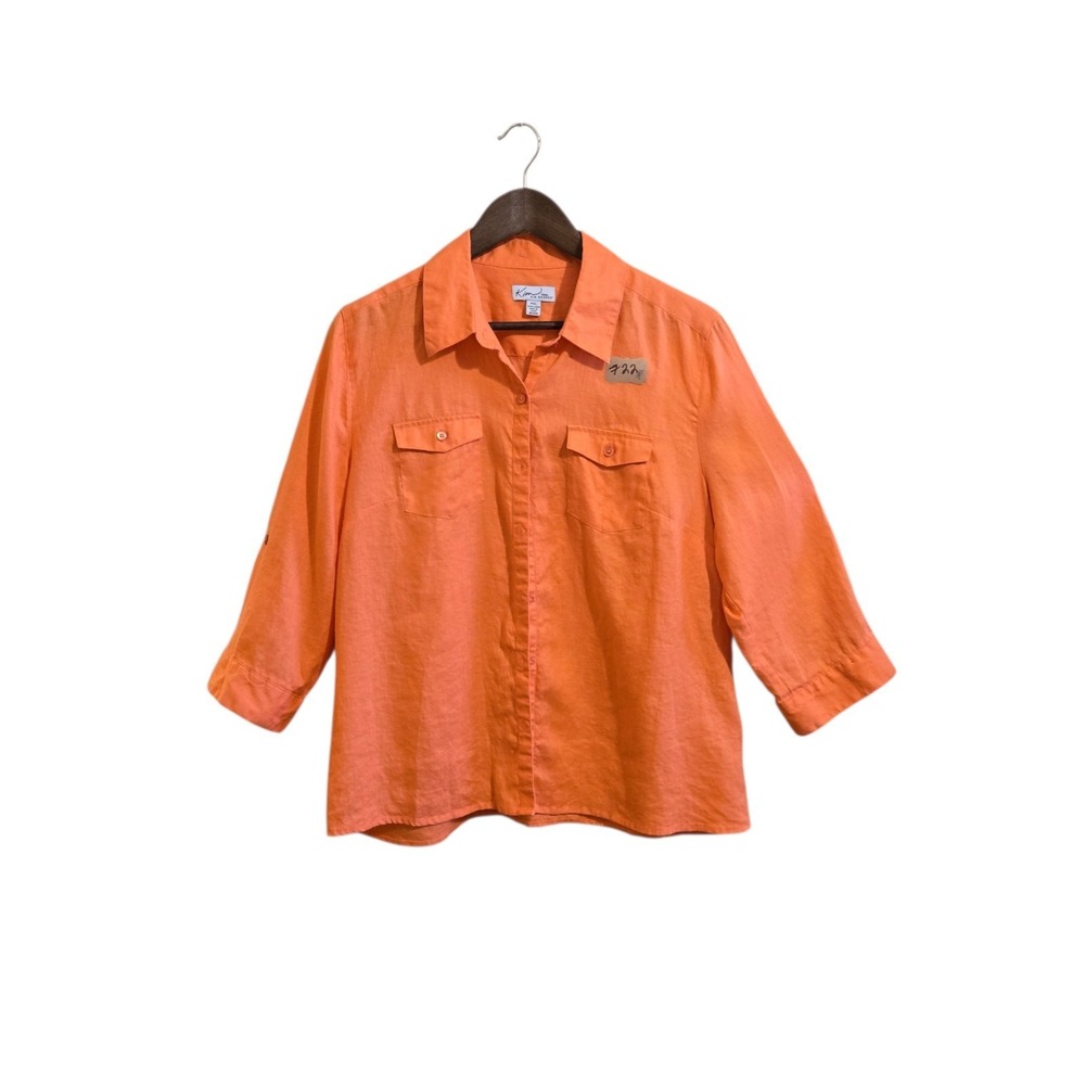 Kim Rogers Women's Linen Blouse Size XL 3/4 Sleeve Button Up Orange Floral Top